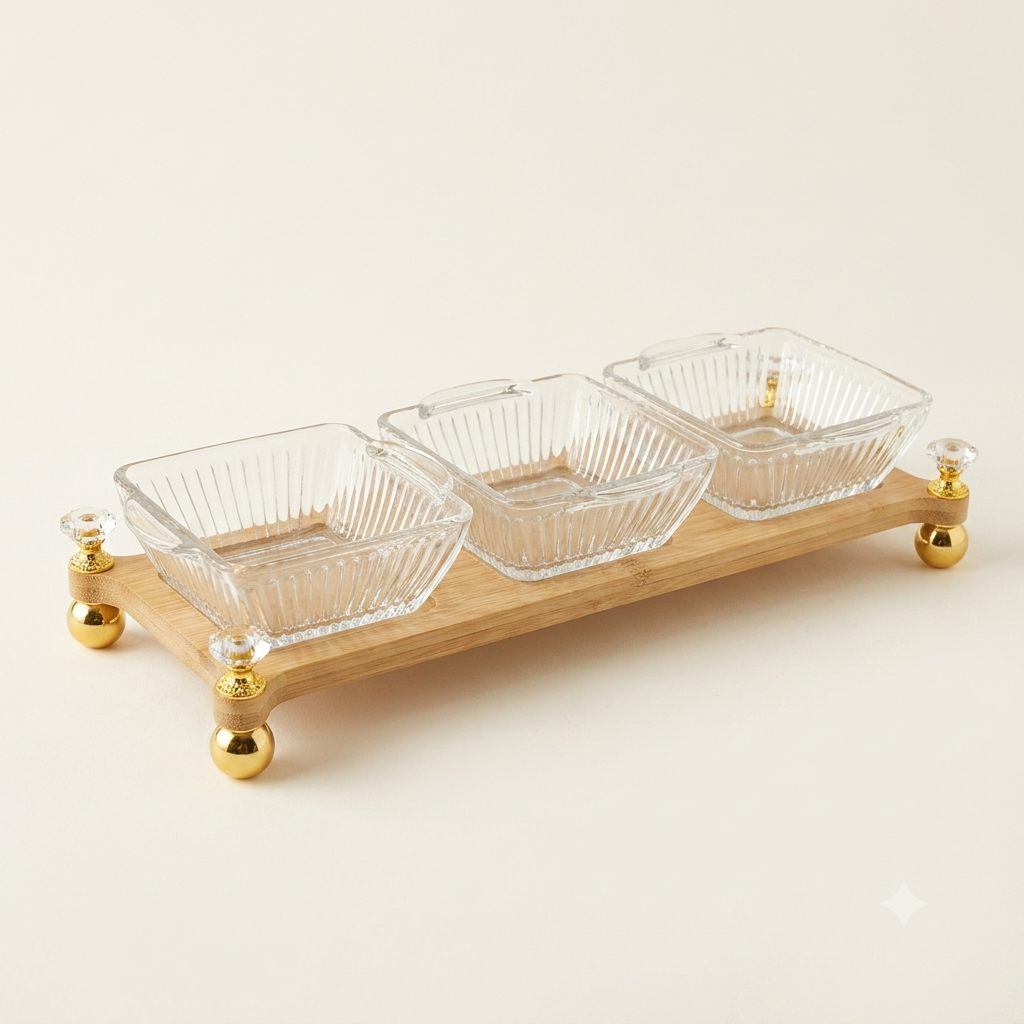 Divided dessert platter with wooden base